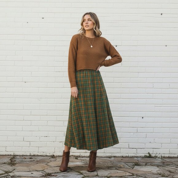 Cotton plaid long A-line skirt - Picture 2 of 5